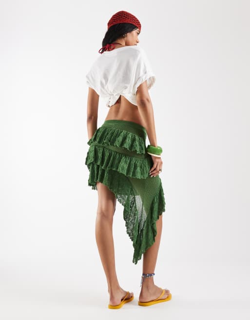 Reclaimed Vintage crochet tiered high low skirt in green, 5 of 5
