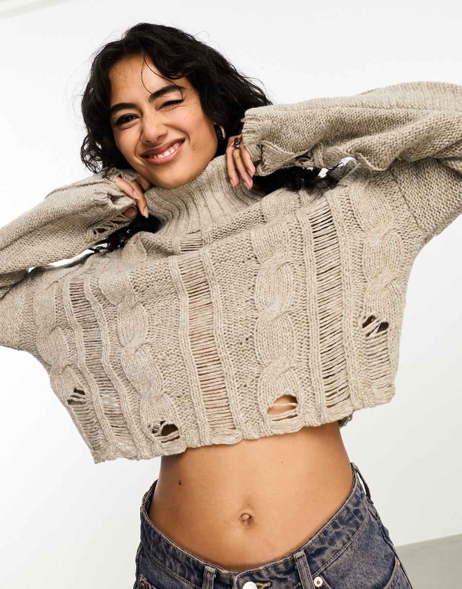 Reclaimed Vintage crop cable knit jumper with distressing