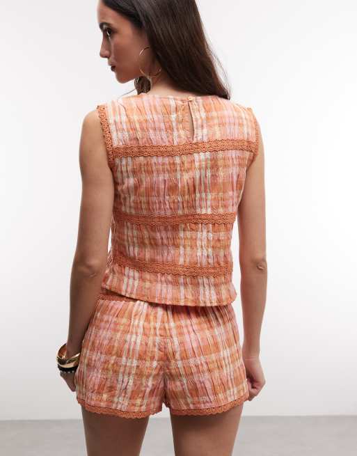 Reclaimed Vintage - Crop top à carreaux bordé de dentelle - Orange et rose, 4 de 4