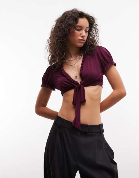 Reclaimed Vintage Crop-Top mit Bindeband vorn in Pflaume - view 1