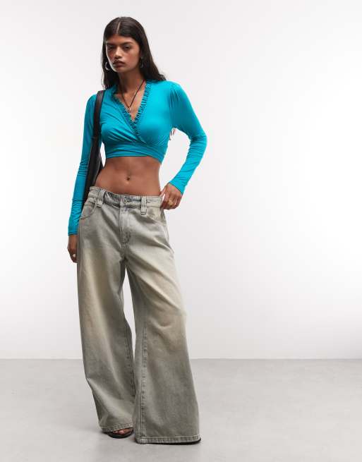 Reclaimed Vintage Crop-Top mit Bindeband vorne in Türkis, 1 von 4