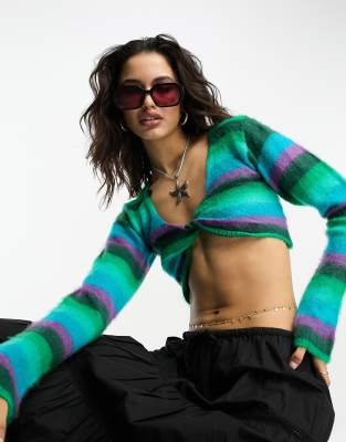 Reclaimed Vintage Crop Twist Front Knitted Sweater In Stripe-multi