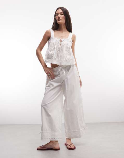 Reclaimed Vintage cropped balloon trouser with broderie hem in white - view 1
