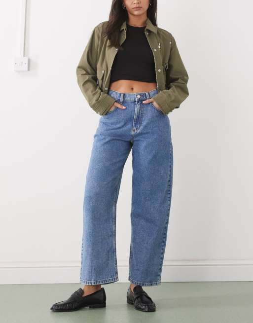 Reclaimed Vintage cropped barrel leg denim jean in mid blue