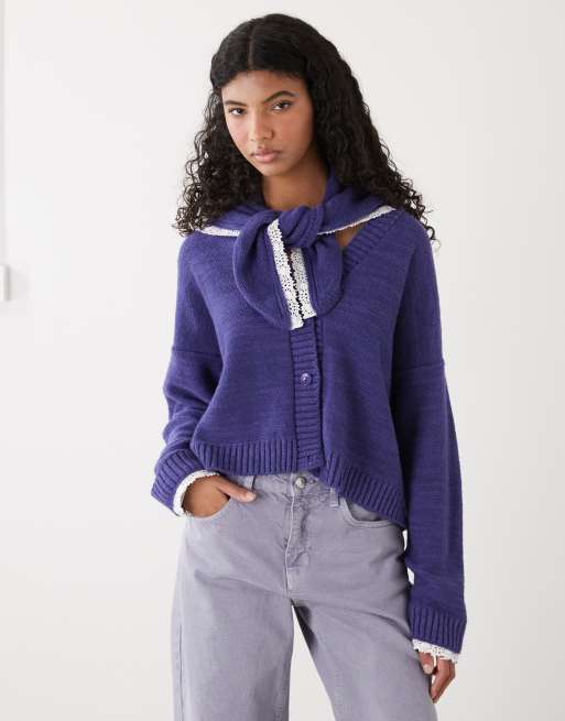 Reclaimed Vintage cropped boxy cardigan with headscarf with crochet trim in navy blue