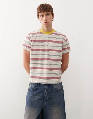 cropped boxy ringer t-shirt in mixed stripes-Multi