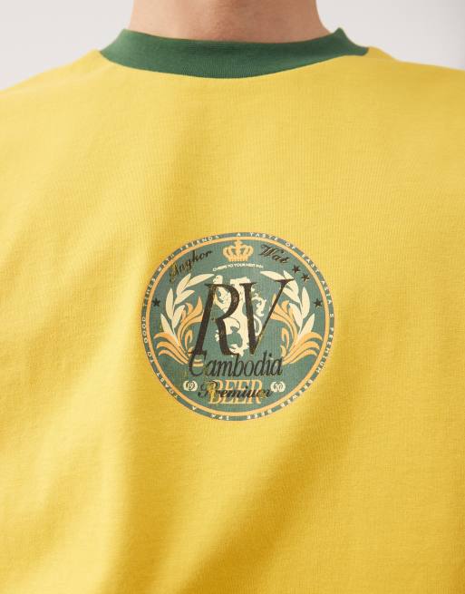 Reclaimed Vintage cropped boxy ringer t-shirt with beer mat graphic in yellow and green