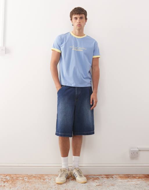 Reclaimed Vintage cropped boxy ringer t-shirt with branded graphic in blue and yellow