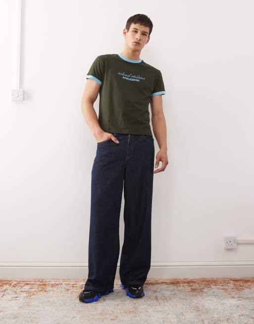 Reclaimed Vintage cropped boxy ringer t-shirt with branded graphic in charcoal and blue