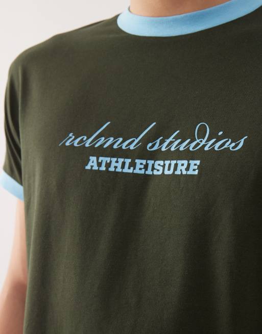 Reclaimed Vintage cropped boxy ringer t-shirt with branded graphic in charcoal and blue