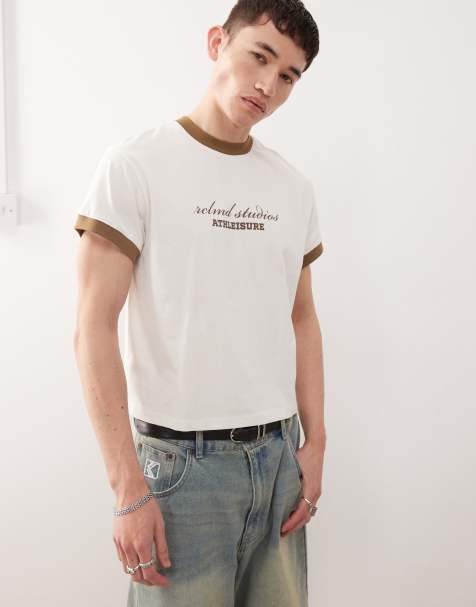 Reclaimed Vintage cropped boxy ringer t-shirt with branded graphic in white - view 1