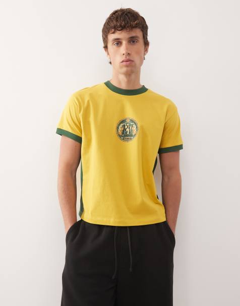 Reclaimed Vintage cropped boxy ringer tshirt with beer mat graphic in yellow and green - view 1