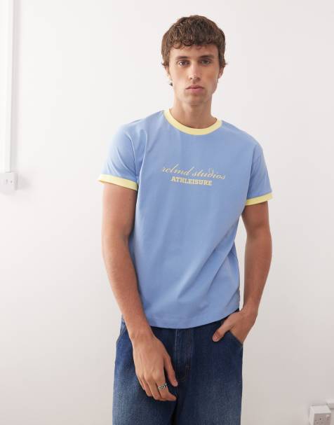 Reclaimed Vintage cropped boxy ringer tshirt with branded graphic in blue and yellow - view 1