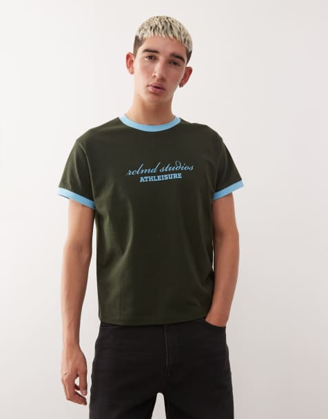Reclaimed Vintage cropped boxy ringer tshirt with branded graphic in brown and blue - view 1
