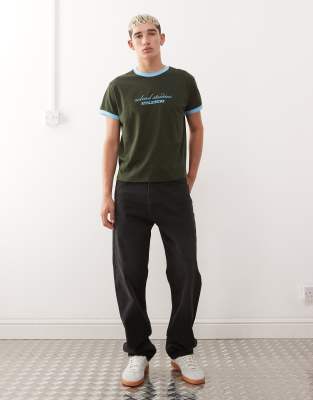 Reclaimed Vintage Cropped Boxy Ringer Tshirt With Branded Graphic In Black