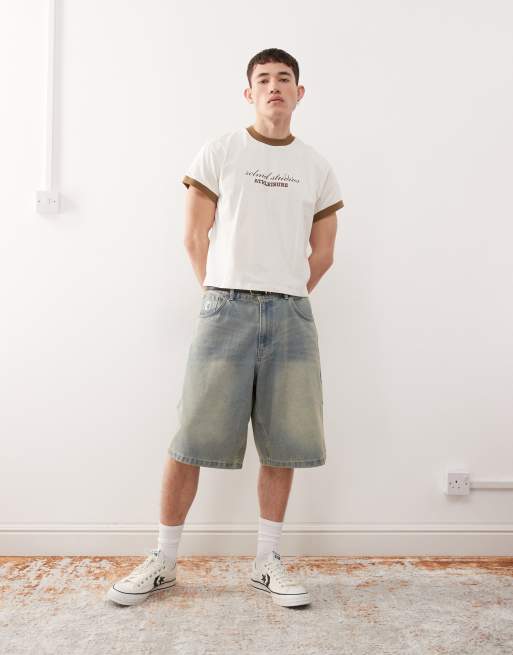 Reclaimed Vintage cropped boxy ringer tshirt with branded graphic in white
