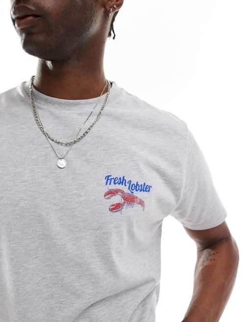 Reclaimed Vintage cropped boxy t shirt with lobster print in grey ASOS