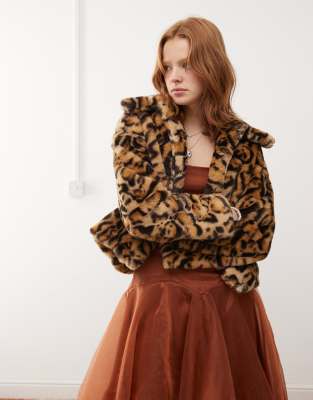 Reclaimed Vintage Cropped Faux Fur Jacket In Animal Print-multi