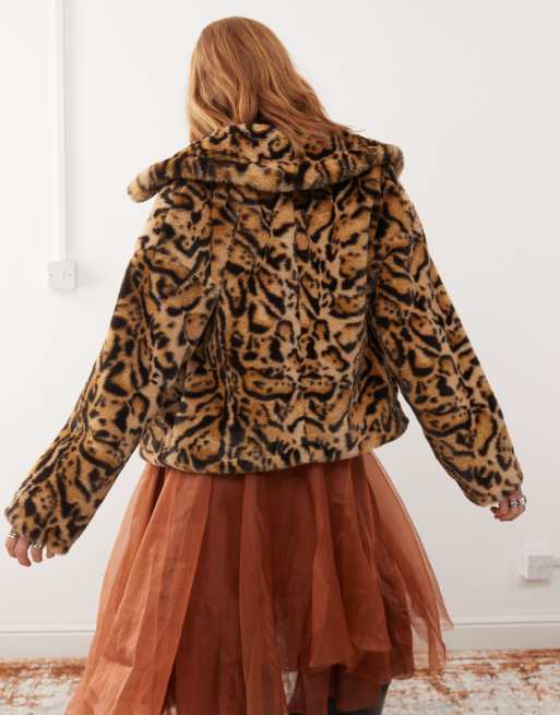 Reclaimed Vintage cropped faux fur jacket in animal print | ASOS