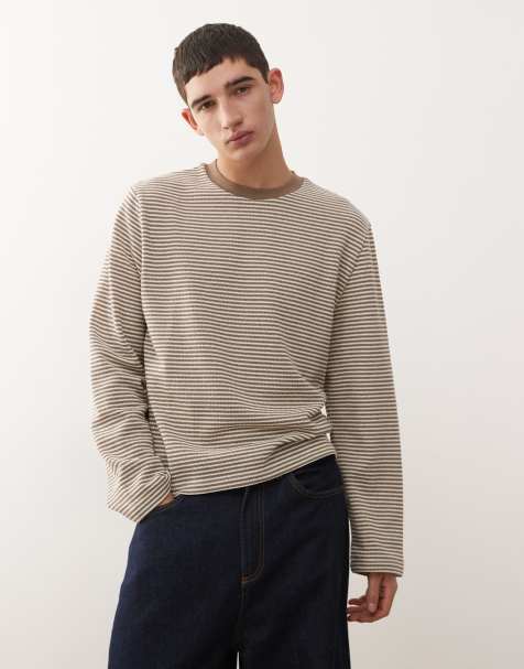 Reclaimed Vintage - Cropped gestreept T-shirt met lange mouwen en rechte pasvorm in bruin en wit - view 1