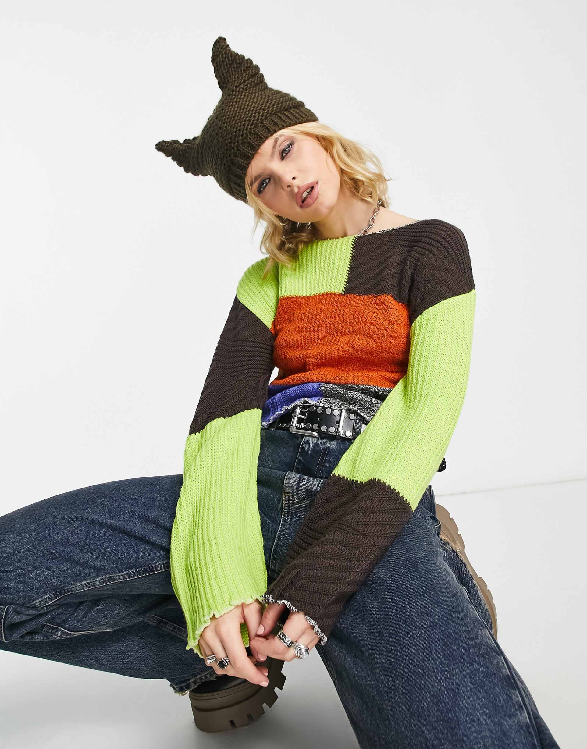 Reclaimed Vintage cropped patchwork jumper in multi view 2