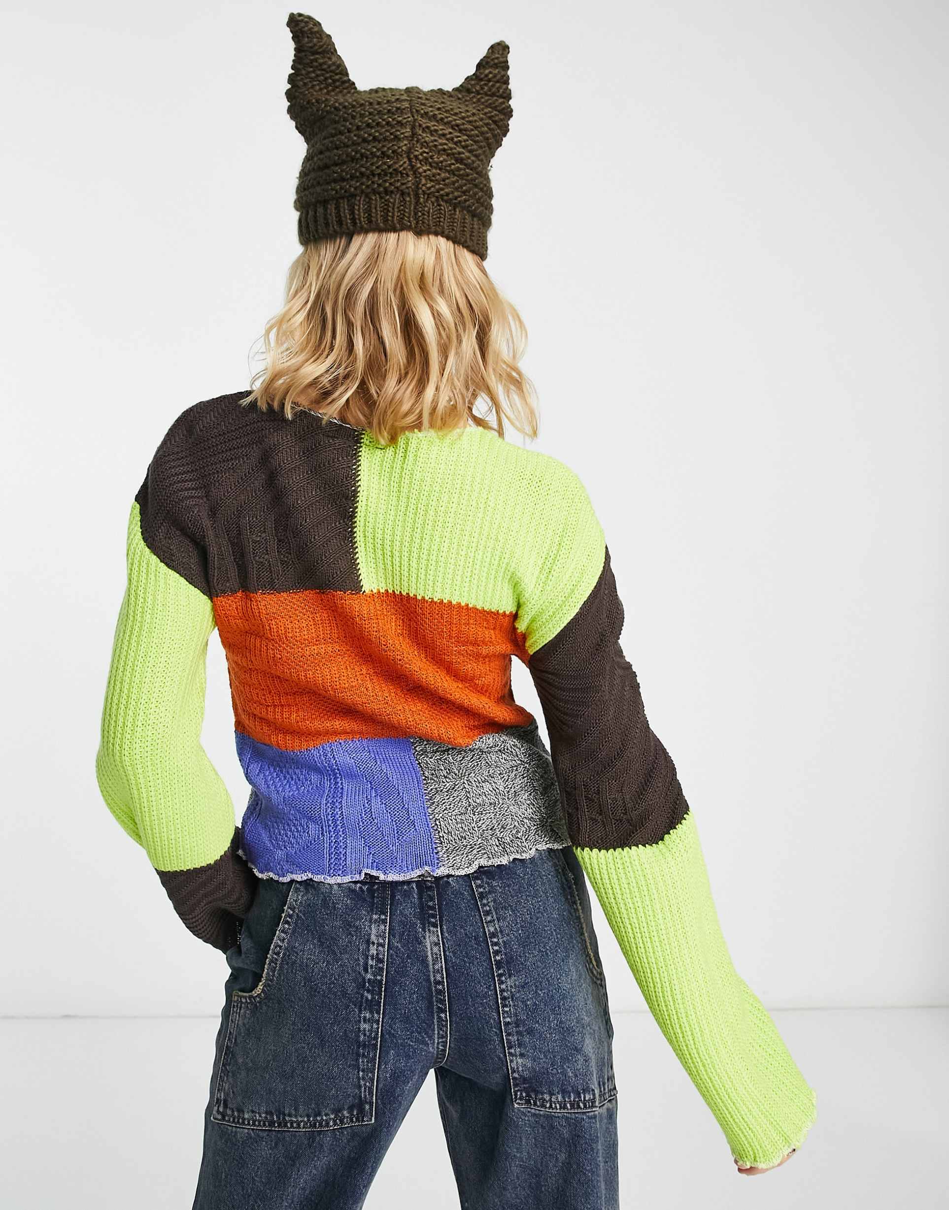 Reclaimed Vintage cropped patchwork jumper in multi view 3