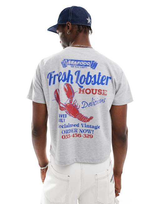 Reclaimed Vintage - Cropped recht T-shirt met print van kreeft in grijs
