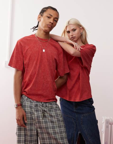 Reclaimed Vintage - Cropped recht uniseks T-shirt in bordeauxrood met wassing - view 1