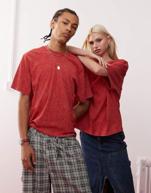 Reclaimed Vintage - Cropped recht uniseks T-shirt in bordeauxrood met wassing