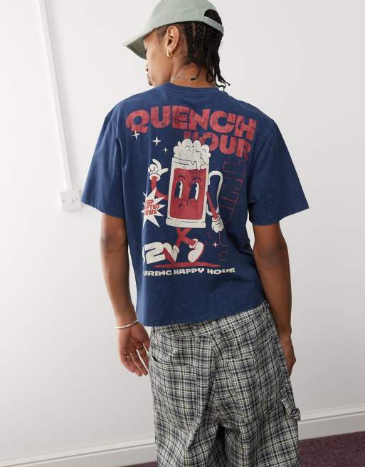Reclaimed Vintage - Cropped recht uniseks T-shirt met drankjesprint in marineblauw