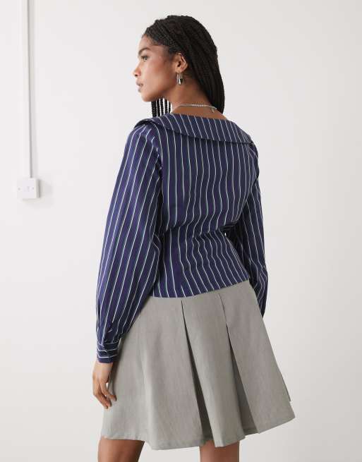 Reclaimed Vintage cropped shirt with collar and tie front in blue and green stripe, 3 of 4
