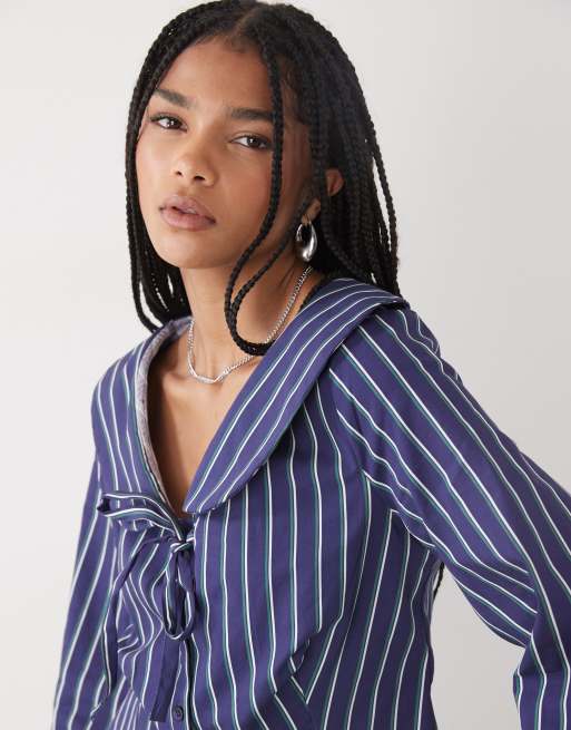 Reclaimed Vintage cropped shirt with collar and tie front in blue and green stripe, 4 of 4