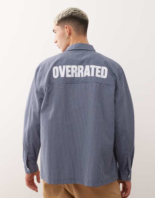Reclaimed Vintage - Cropped skjorte med firkantet pasform og print på ryggen i ternet blå og hvid
