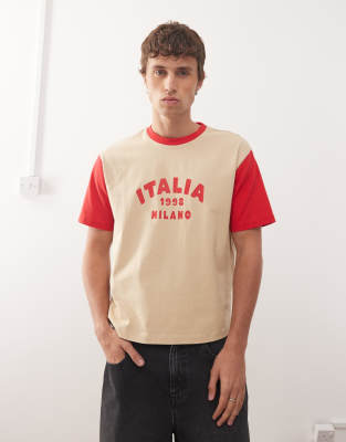 Reclaimed Vintage - Cropped slim fit raglan-T-shirt i forvasket ecru med firkantet pasform og destinationsgrafik