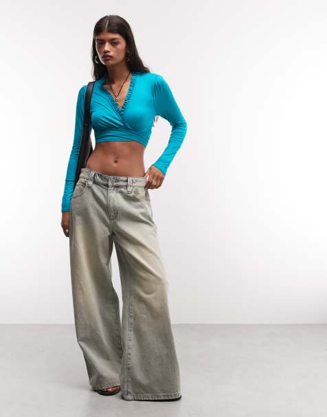 Reclaimed Vintage cropped top med bindebånd foran i turkis - view 1