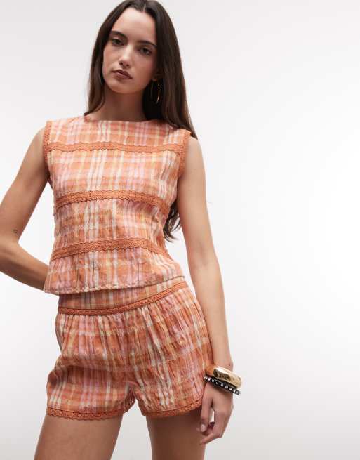 Reclaimed Vintage cropped top with lace trim in orange and pink check fabric