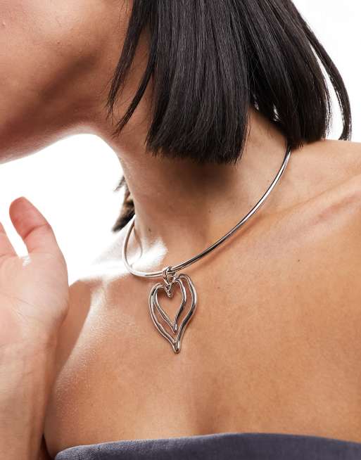 Reclaimed Vintage cuff choker necklace with heart pendant in silver ASOS