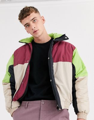 Reclaimed Vintage cut and sew puffer jacket in burgundy and black | ASOS