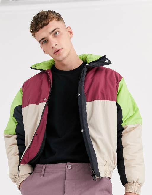 Reclaimed Vintage cut and sew puffer jacket in burgundy and black | ASOS