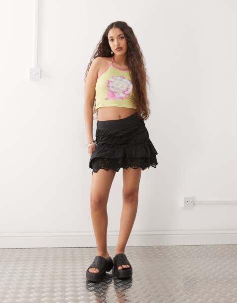 Reclaimed Vintage western cowgirl mini skirt with lace hem in black