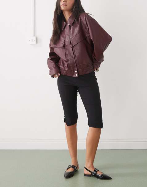 Reclaimed Vintage bengaline capri trousers with split hem and picot trim in black 