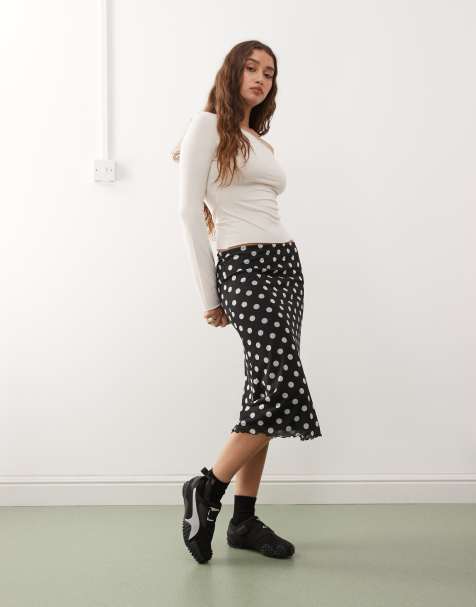 Reclaimed Vintage mesh midi skirt in black and white polka dot print