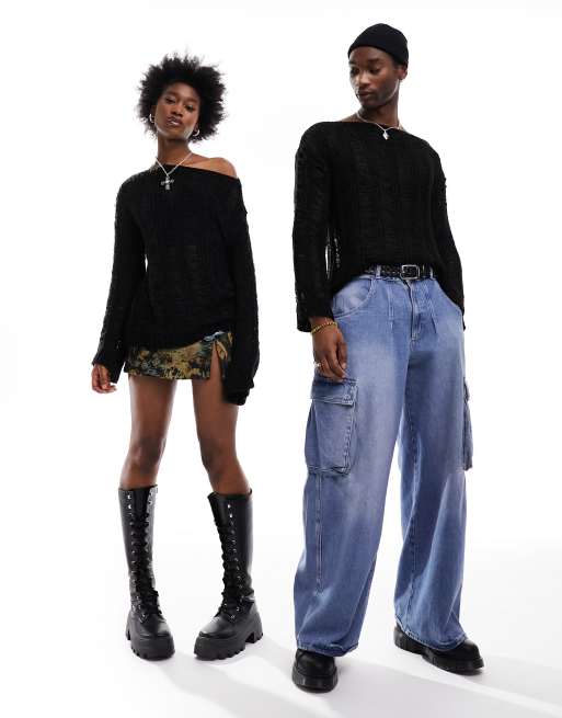 Reclaimed Vintage – Czarny sweter unisex z dekoltem w łódkę, 3 z 4