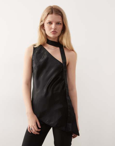 Reclaimed Vintage one shoulder top with scarf detail in black