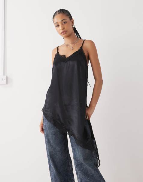 Reclaimed Vintage longline layering cami top with asymmetric hem and lace trims in black