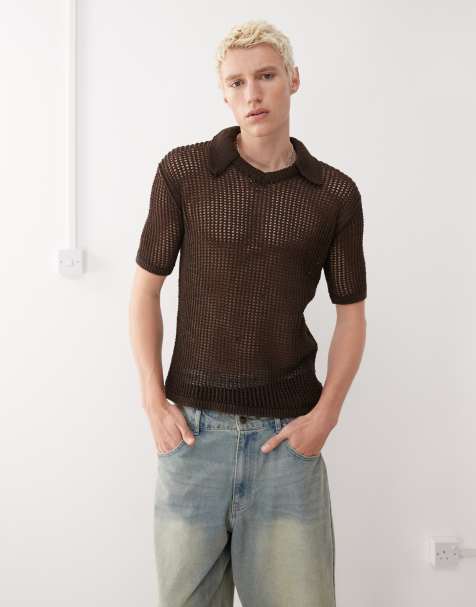 Reclaimed Vintage open stitch knitted polo shirt in chocolate brown