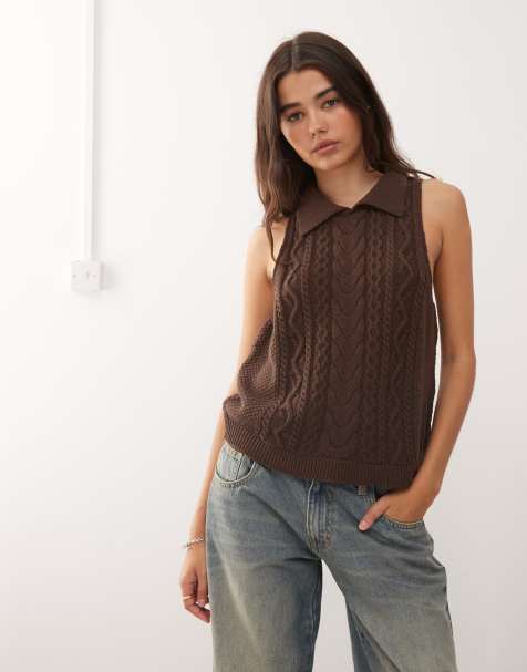 Reclaimed Vintage cable knit tank with collar detail in chocolate brown