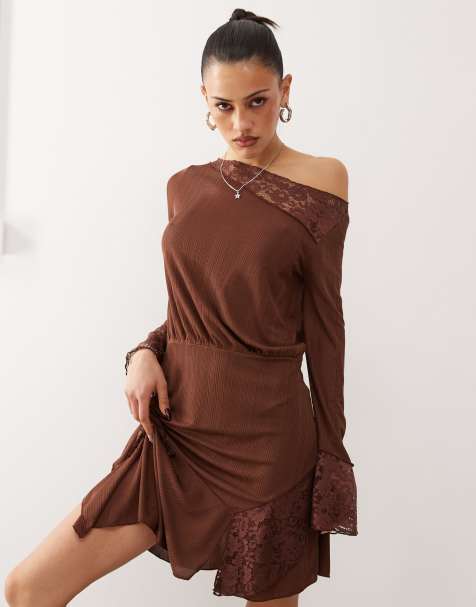 Reclaimed Vintage long sleeve lace mix dress in chocolate brown