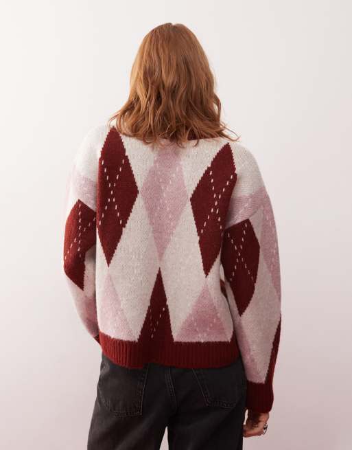 Reclaimed Vintage – Czerwono-różowy sweter dzianinowy oversize w romby, 4 z 4