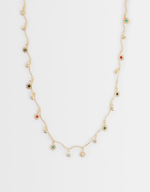 Reclaimed Vintage dainty necklace with floral charms in gold